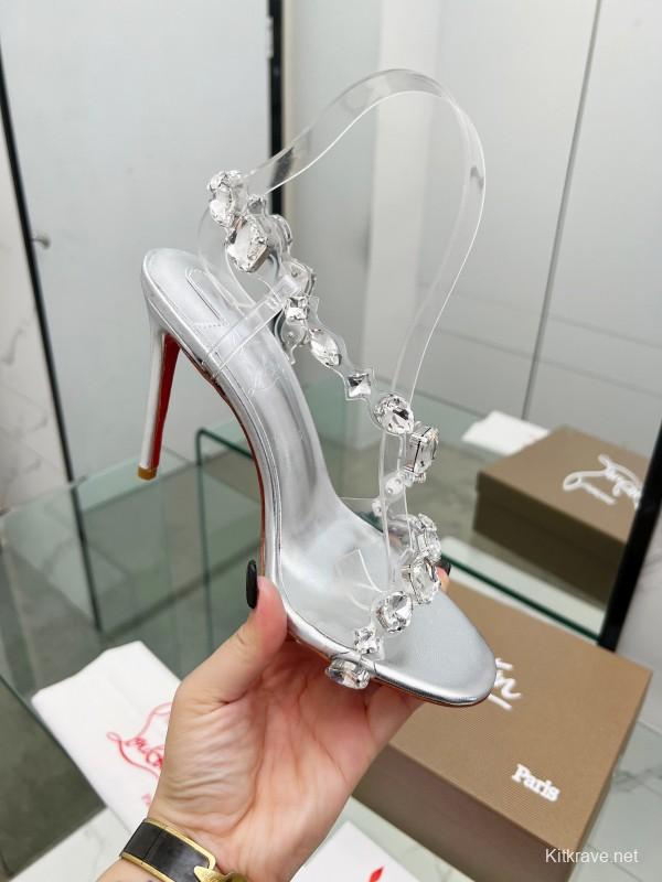2025 Women Christian Louboutin Silver PVC Crystal High Heel Sandals LY00300