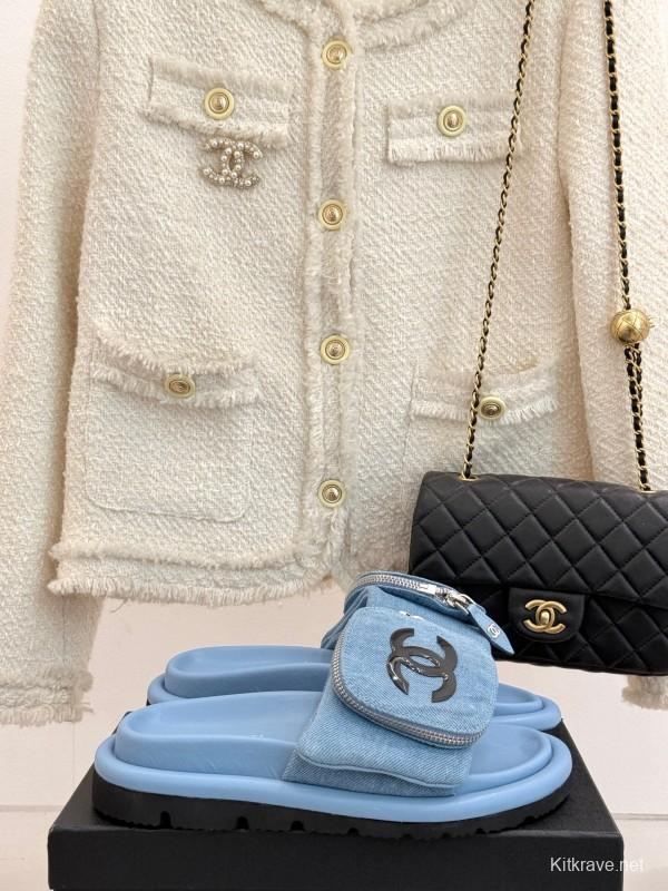 2025 Slippers Chanel Light Blue Denim Slippers KFY00220
