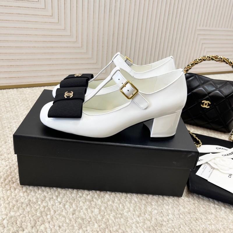 2025 Women Chanel White Black Leather Mary Jane Bow KFY00310