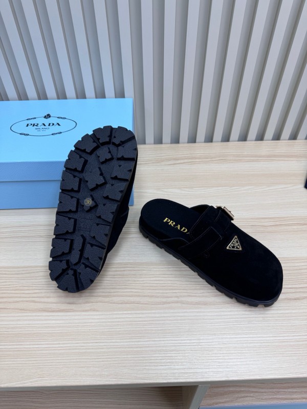 2025 Slippers Prada Black Suede Slippers LY00280