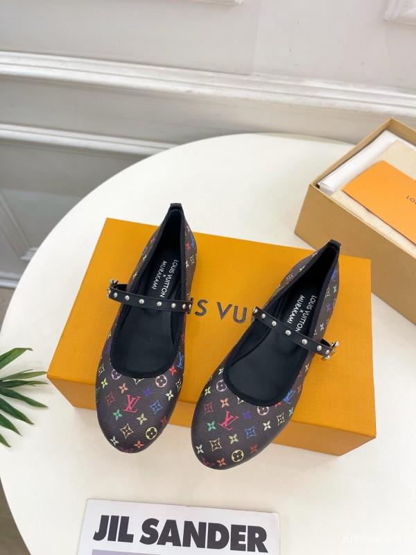 2025 Women Louis Vuitton Rainbow Monogram Leather Ballet Flats Custom MJ00300