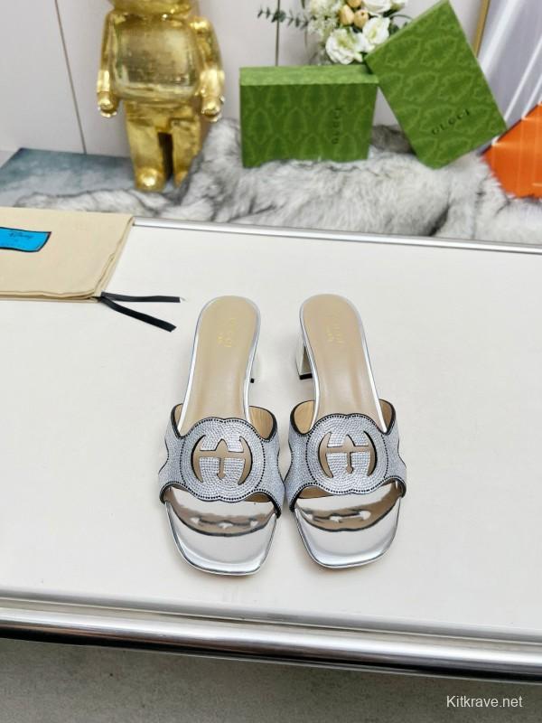 2025 Women Gucci Silver Leather Slippers MJ00190