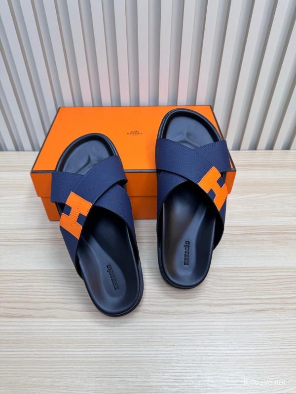 2025 Slippers Hermès Navy Orange Leather Cross Strap