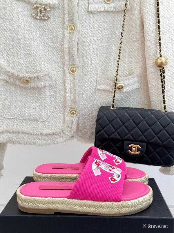 2025 Slippers Chanel Pink Canvas Espadrille Double C KFY00230