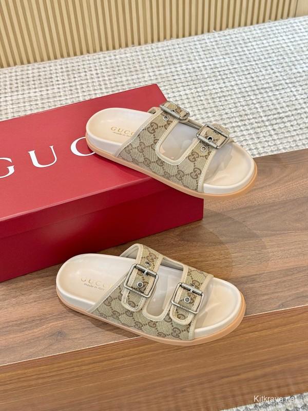 2025 Women Gucci Beige Canvas Leather Slippers LY00360