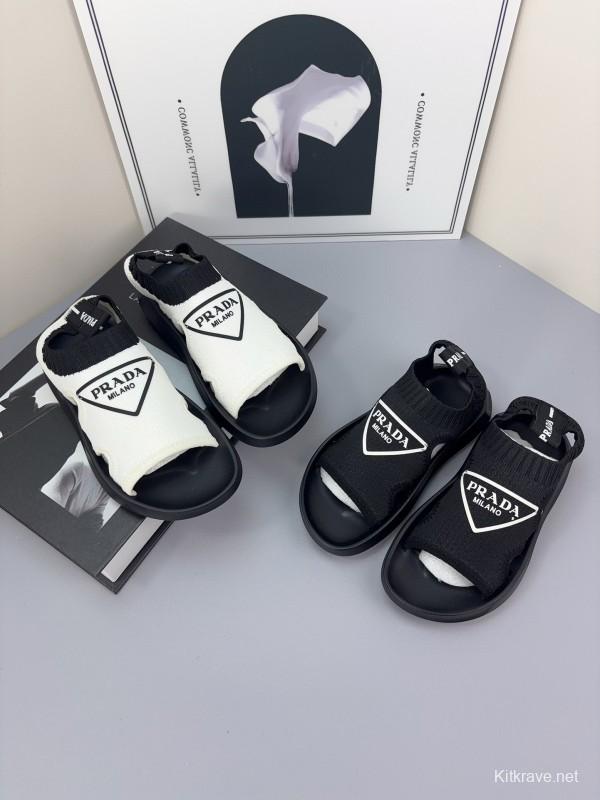 2025 Kids PRADA Black White Fabric Sandals