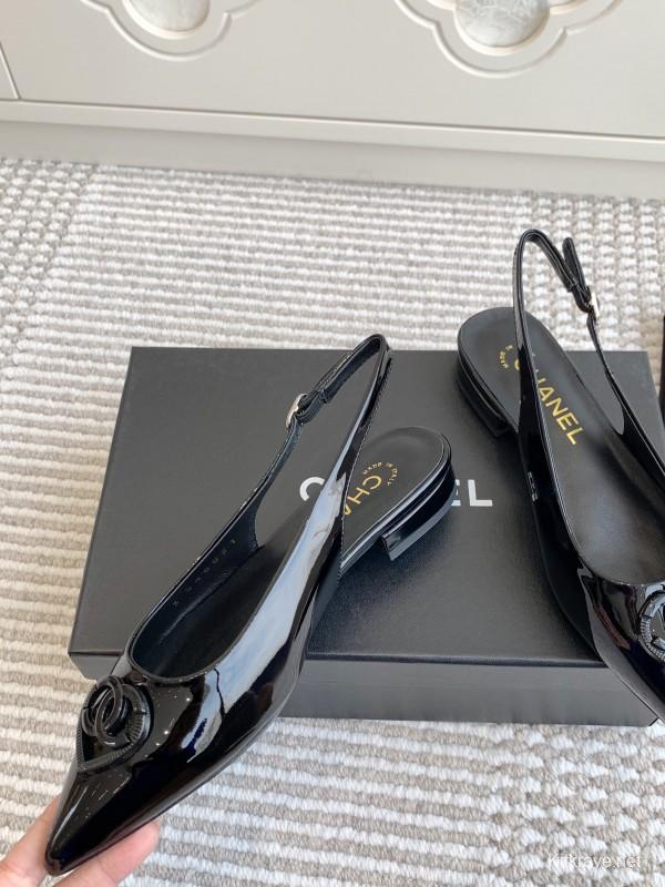 2025 Women Chanel Black Patent Leather Slingback Pumps KFY00300