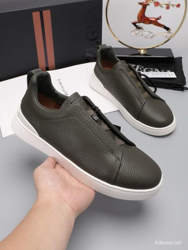 2024 Men Ermenegildo Zegna Dark Green Leather Sneakers MJ00240