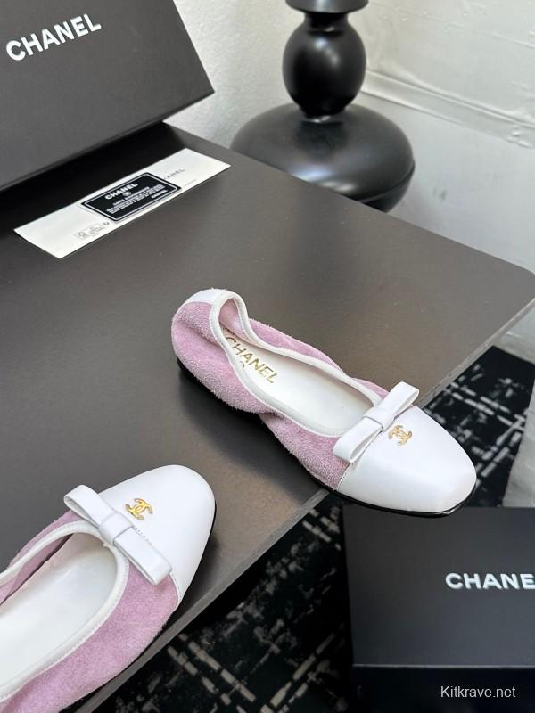 2025 Women CHANEL White Purple Leather Bow Ballet Flats Unisex LY00360(F)