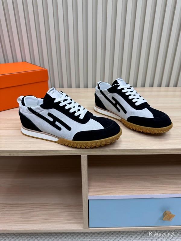 2025 Unisex Hermès Black White Suede Down Fabric Sneakers Top Version KFY00300