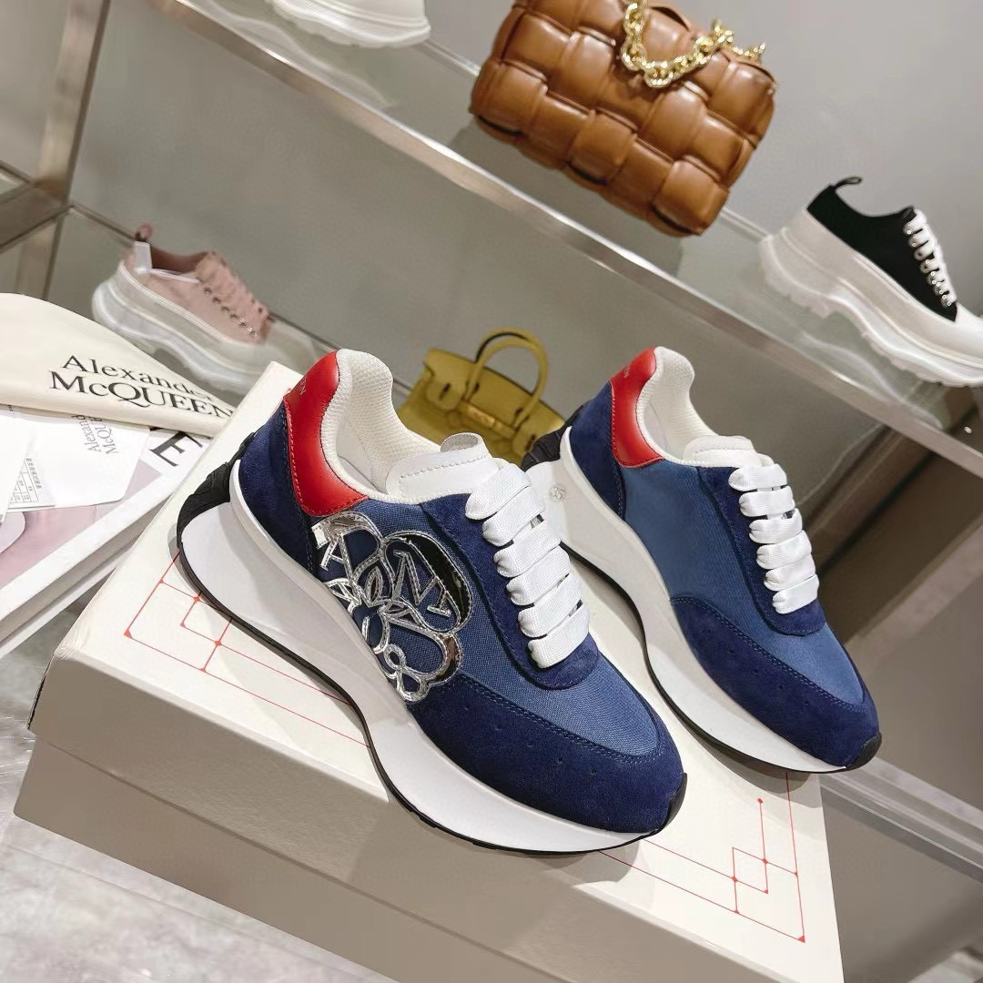 2024 Unisex Alexander McQueen Blue Red Leather Suede Mesh Sneakers MJ00370