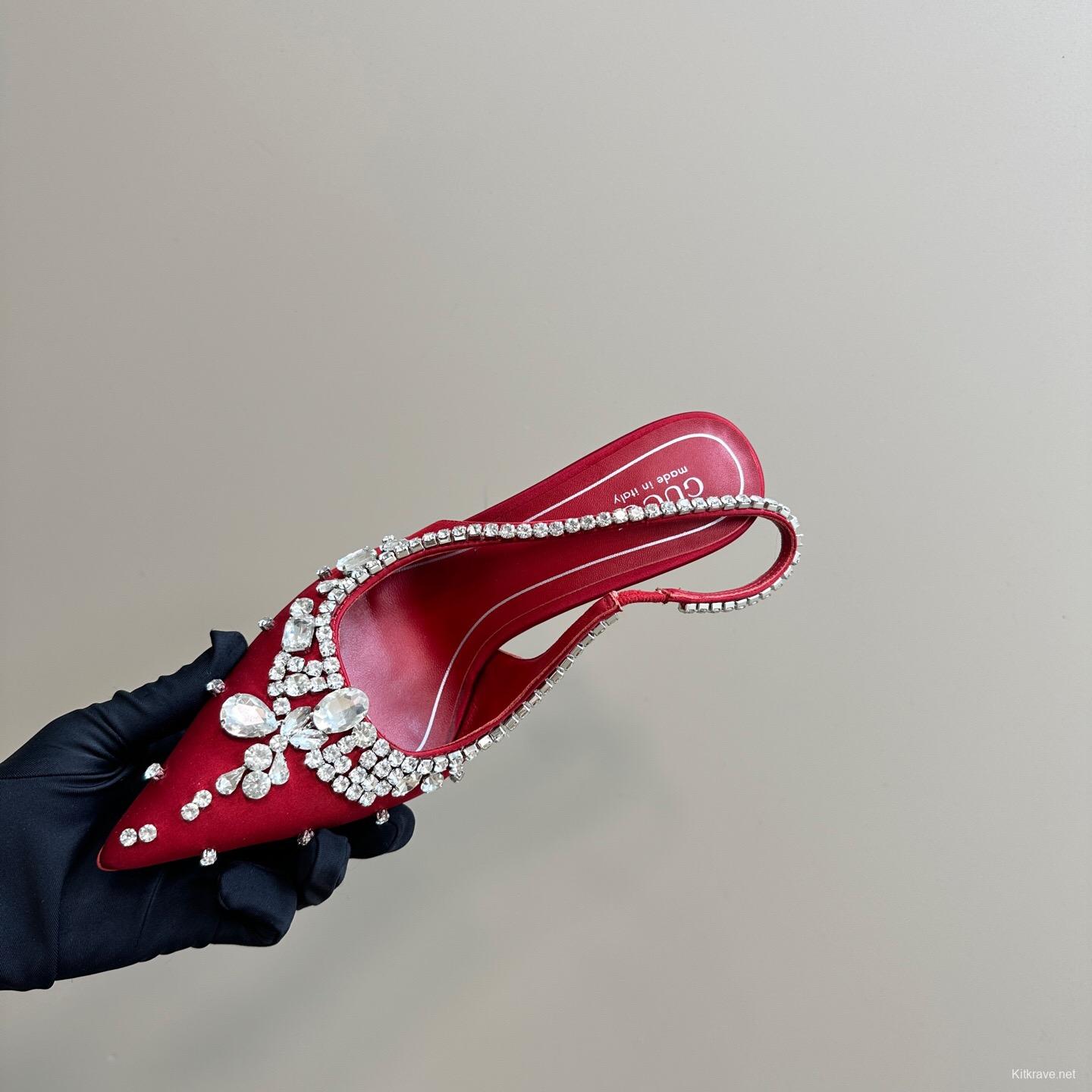 2025 Women Gucci Red Silk Rhinestone Embellished Heels KFY00340