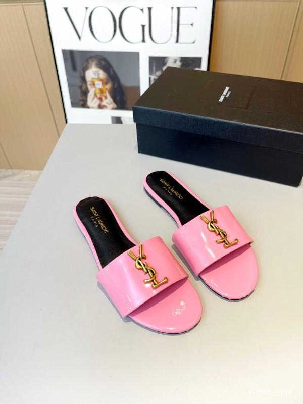 2025 Women Yves Saint Laurent Pink Patent Leather Slippers
