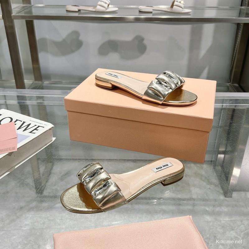 2025 Women Miumiu Metallic Leather Slippers