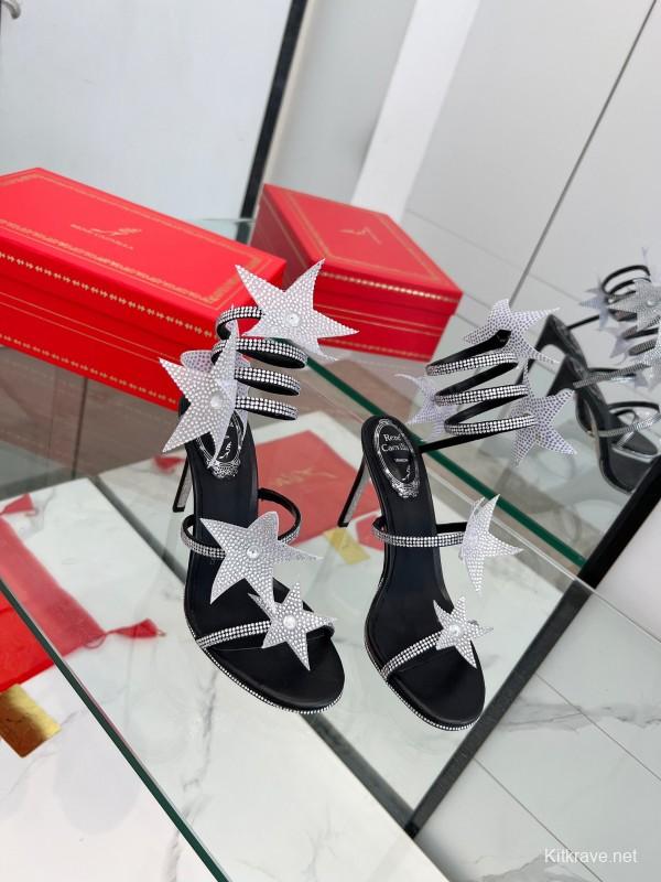 2025 Women RC Black Silver Silk Crystal High Heel Spiral Lace Sandals LY00340