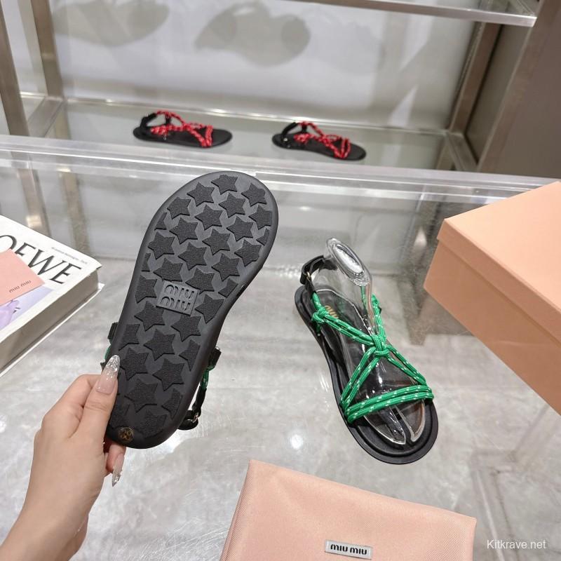 2025 Women Miu Miu Green Black Rope Leather Sandals