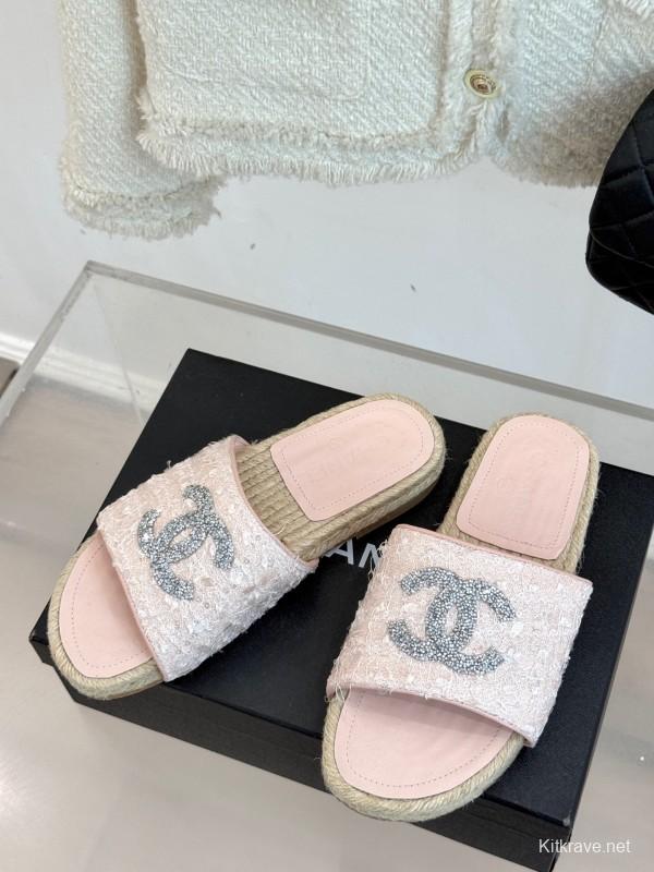 2025 Women Chanel Pink Tweed Espadrille Slide Sandals Handmade Craft KFY00240 (F)