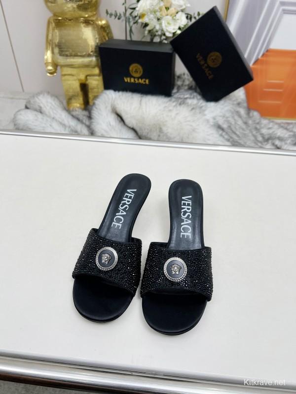 2025 Women VERSACE Black Silk Rhinestone Square Toe Sandals MJ00230