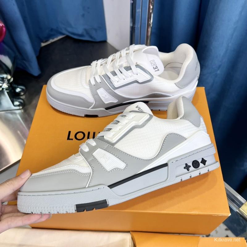 2025 Unisex Louis Vuitton White Grey Leather Mesh LV Trainer