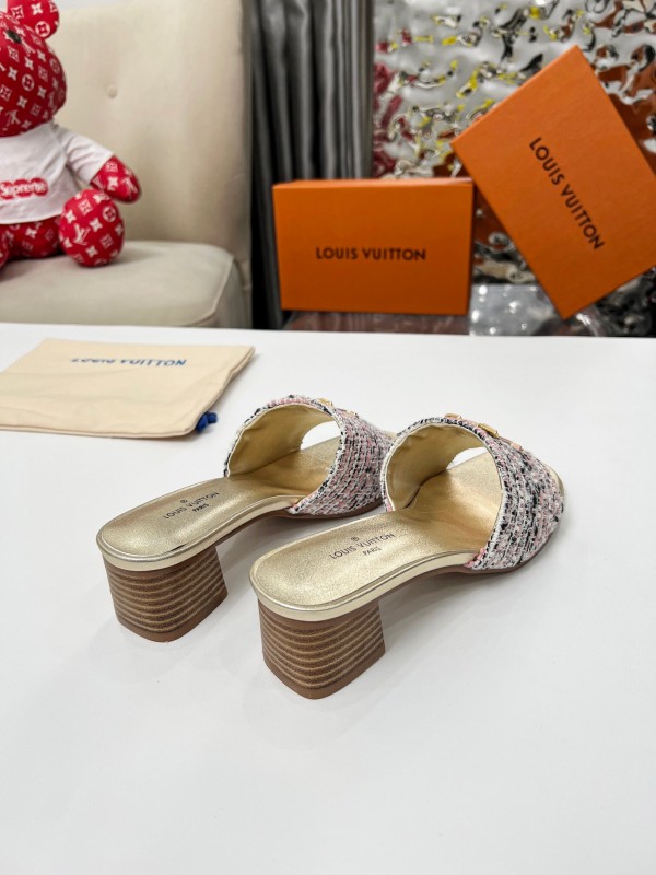 2025 Women Louis Vuitton Pink White Tweed Leather Heeled Mules LY00220