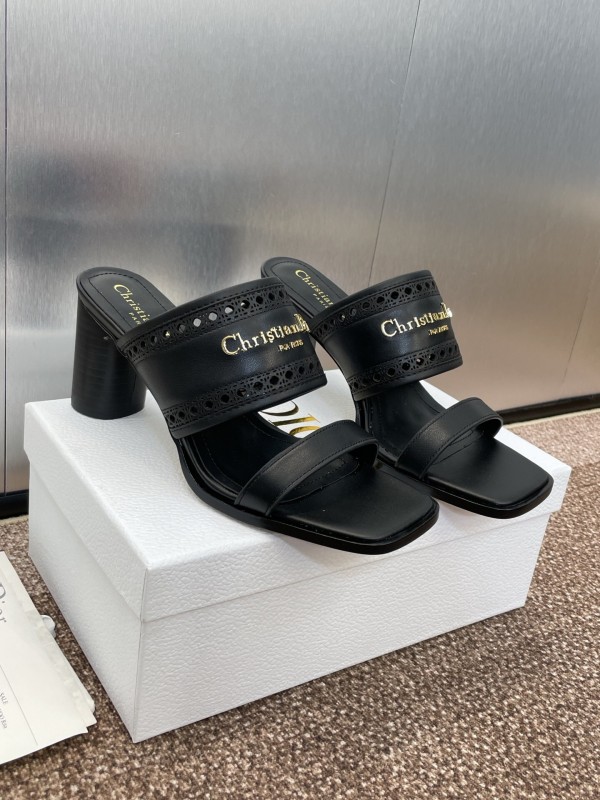 2024 Women Dior Black Leather Slide Sandals