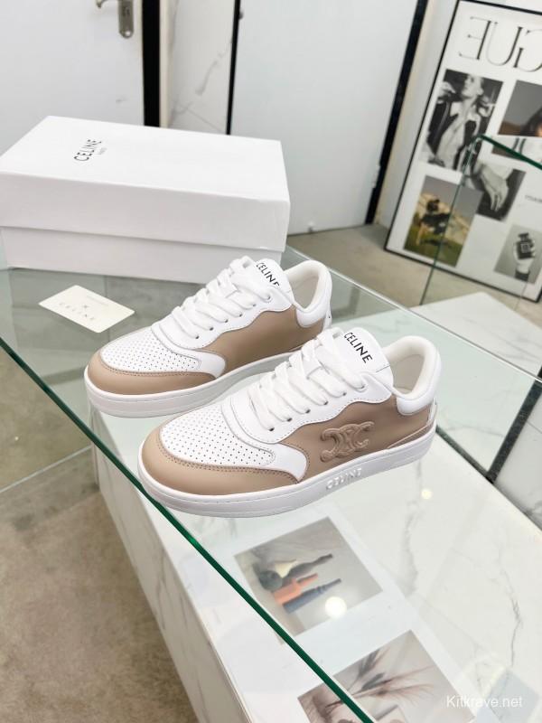 2025 Women Celine White Beige Leather Sneakers BLOCK TRIOMPHE KFY00260