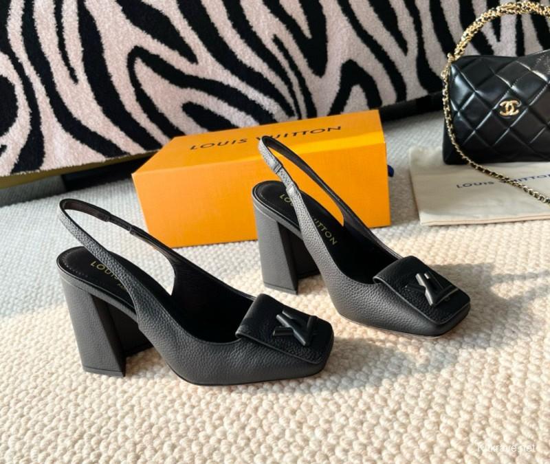 2024 Women Louis Vuitton Black Leather Slingback Heels