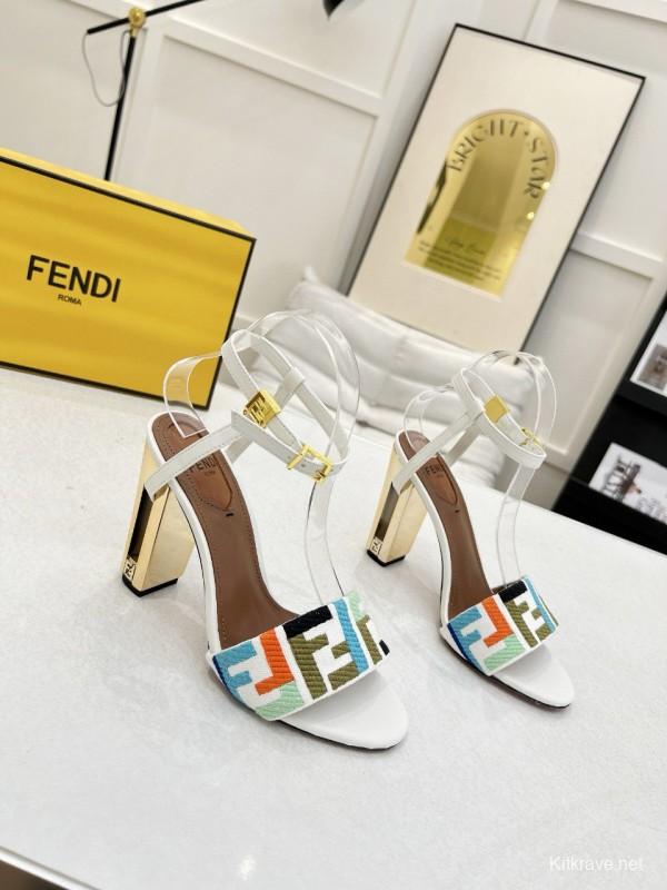 2025 Women Fendi White Blue Orange Fabric Leather High Heel Sandals MJ00280