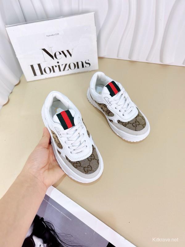 2024 Kids Gucci White Brown Cotton Leather Sneakers
