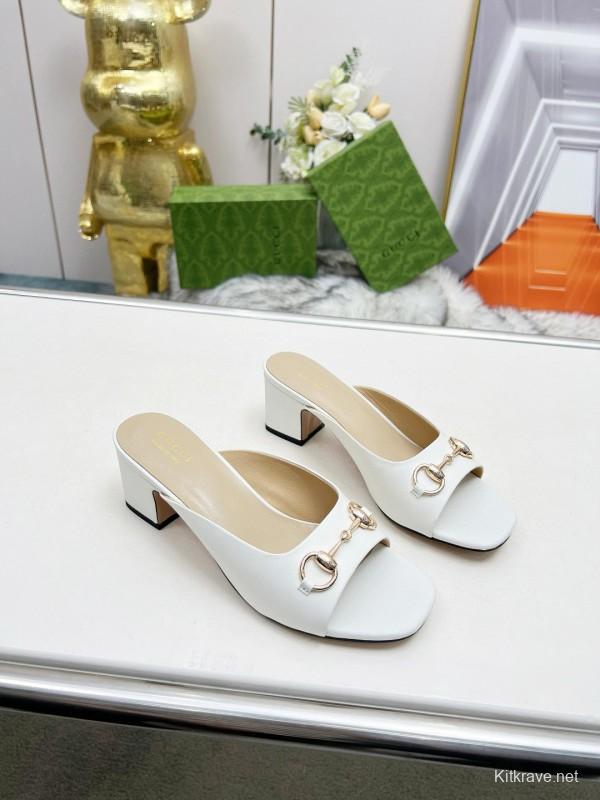 2025 Women Gucci White Leather Heeled Slippers MJ00180