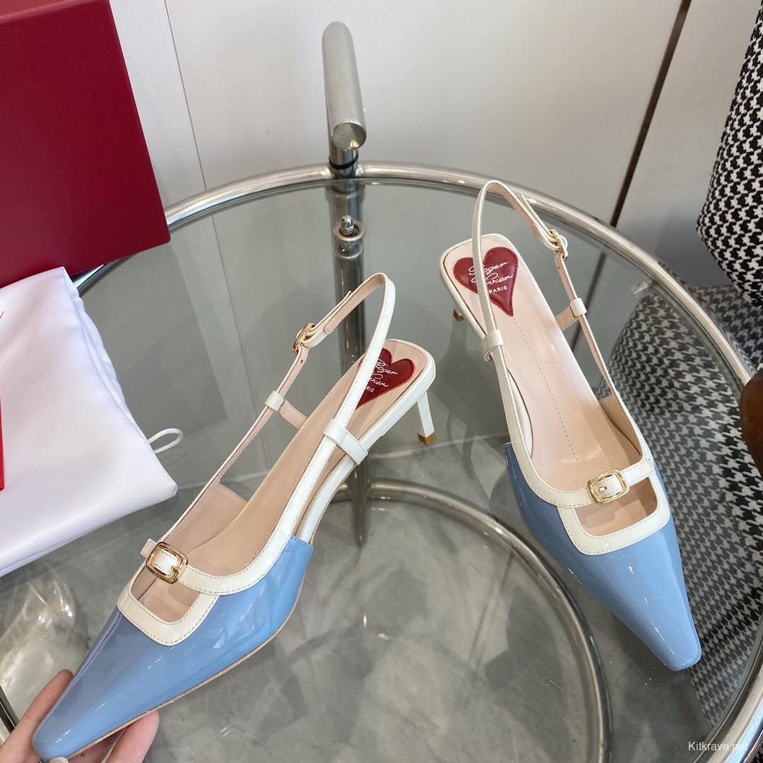 2025 Women Roger Vivier Blue White Patent Leather Slingback Pumps KFY00340