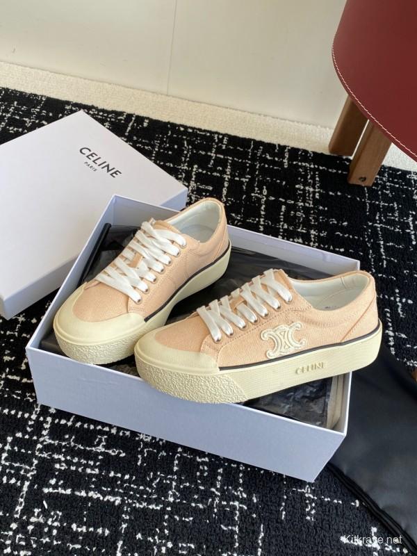 2025 Women Celine Beige Canvas Leather Platform Sneakers