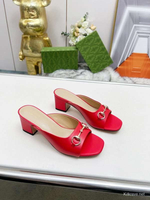 2025 Women Gucci Red Leather Heeled Mules Metal Ornament