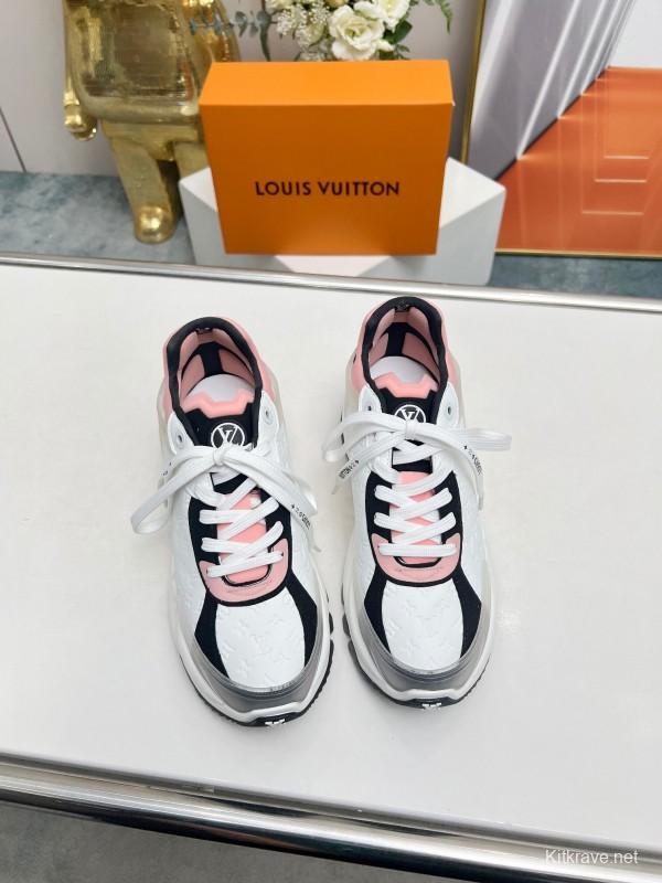 2025 Women Louis Vuitton White Black Pink Leather Mesh Sneakers LY00340