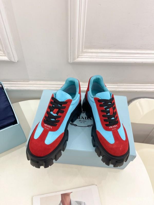 2025 Unisex Prada Blue Red Suede Silk Casual Sneakers KFY00310(F)/KFY00330(M)