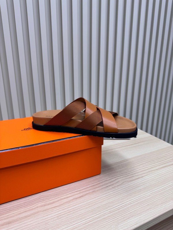 2025 Men Hermès Brown Leather Slippers