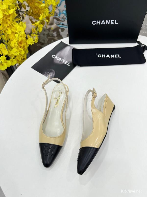 2025 Women Chanel Apricot Black Leather Slingback Flats