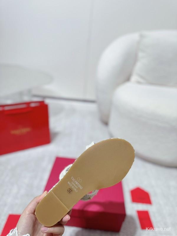 2025 Women Valentino White Leather Wedge Sandals Studs LY00290