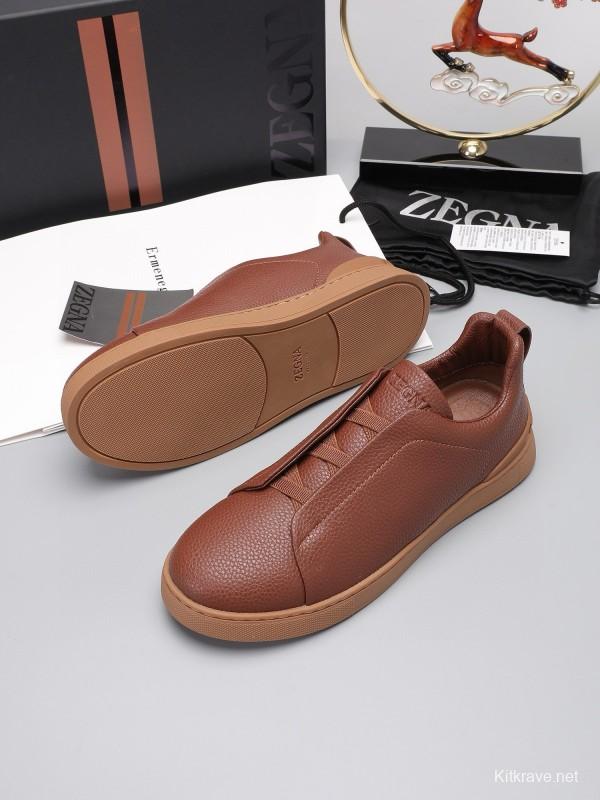 2024 Men Ermenegildo Zegna Brown Leather Low Top Sneakers MJ00240