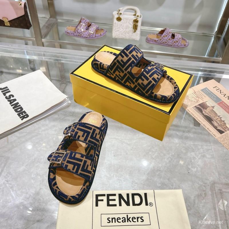 2025 Slippers Fendi Blue Brown Jacquard Buckle KFY00250