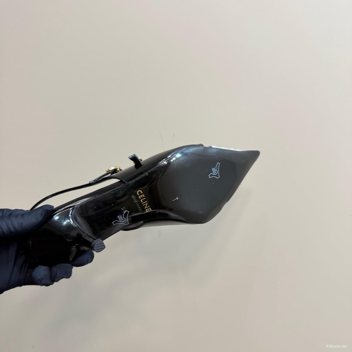 2025 Women Celine Black White Leather Pointed Toe Kitten Heel KFY00310