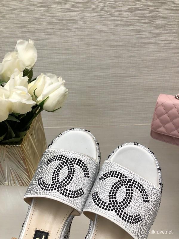 2025 Slippers Chanel White Rhinestone Platform Slide LY00330