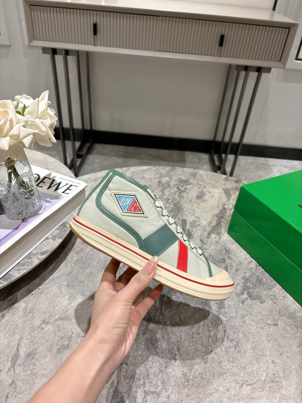 2025 Women Bottega Veneta Green White Red Canvas Leather High Top Sneakers