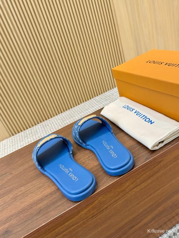 2025 Women Louis Vuitton Blue Denim Leather Slippers LY00200