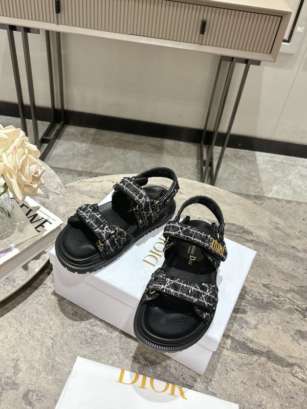 2025 Women Dior Black Fabric Leather Sandals KFY00300