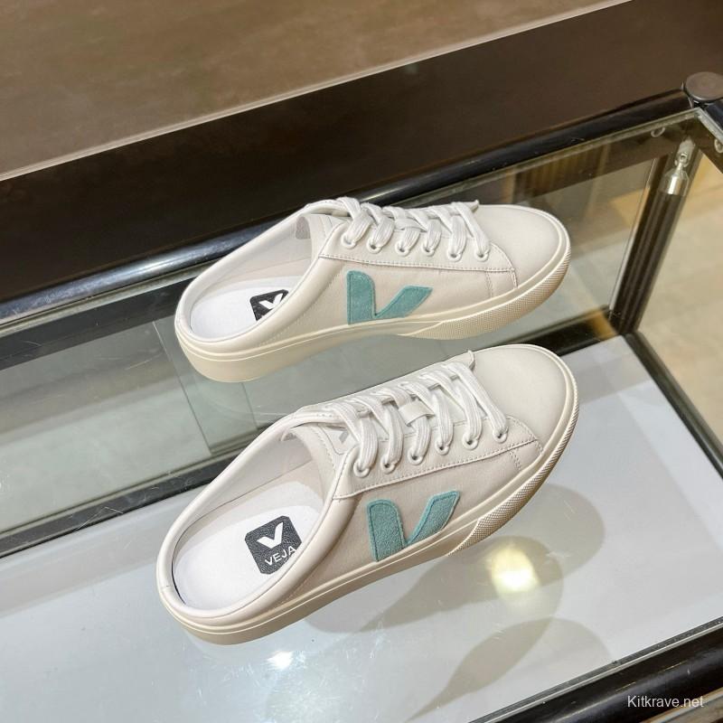 2025 VEJA White Blue Leather Canvas Slip-On Sneakers