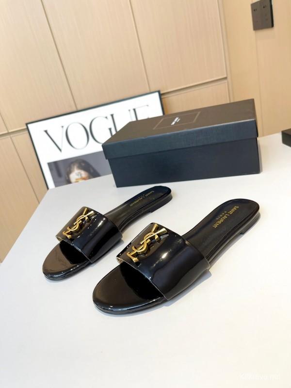 2025 Women Yves Saint Laurent Black Patent Leather Slide Sandals
