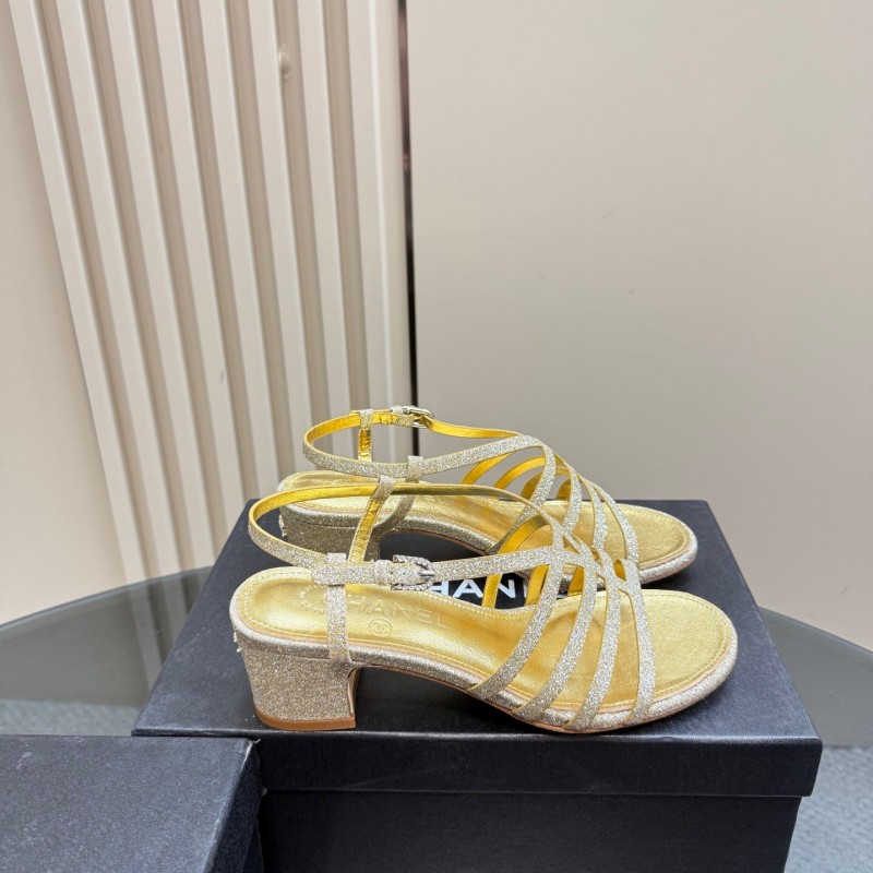 2025 Women Chanel Gold Leather Sandals KFY00290