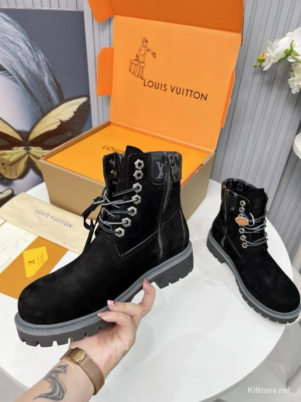 2024 Unisex Louis Vuitton Black Suede Leather 6 Inch Waterproof Embossed Leather Ankle Boots MJ00450