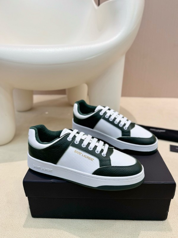 2024 Unisex Yves Saint Laurent White Dark Green Leather Silk Cowhide SL61 Casual Shoes Perforation MJ00350
